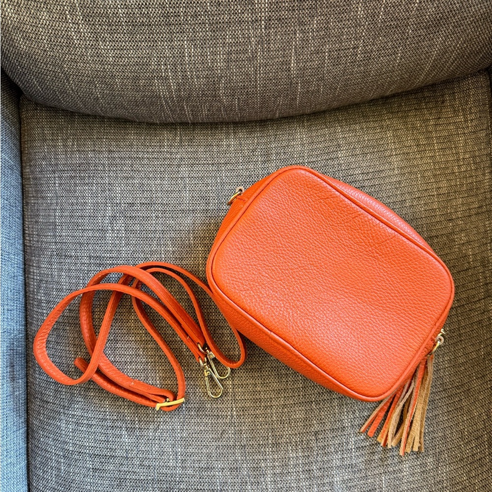 Italian Leather Tassel Crossbody Camera Bag in Orange